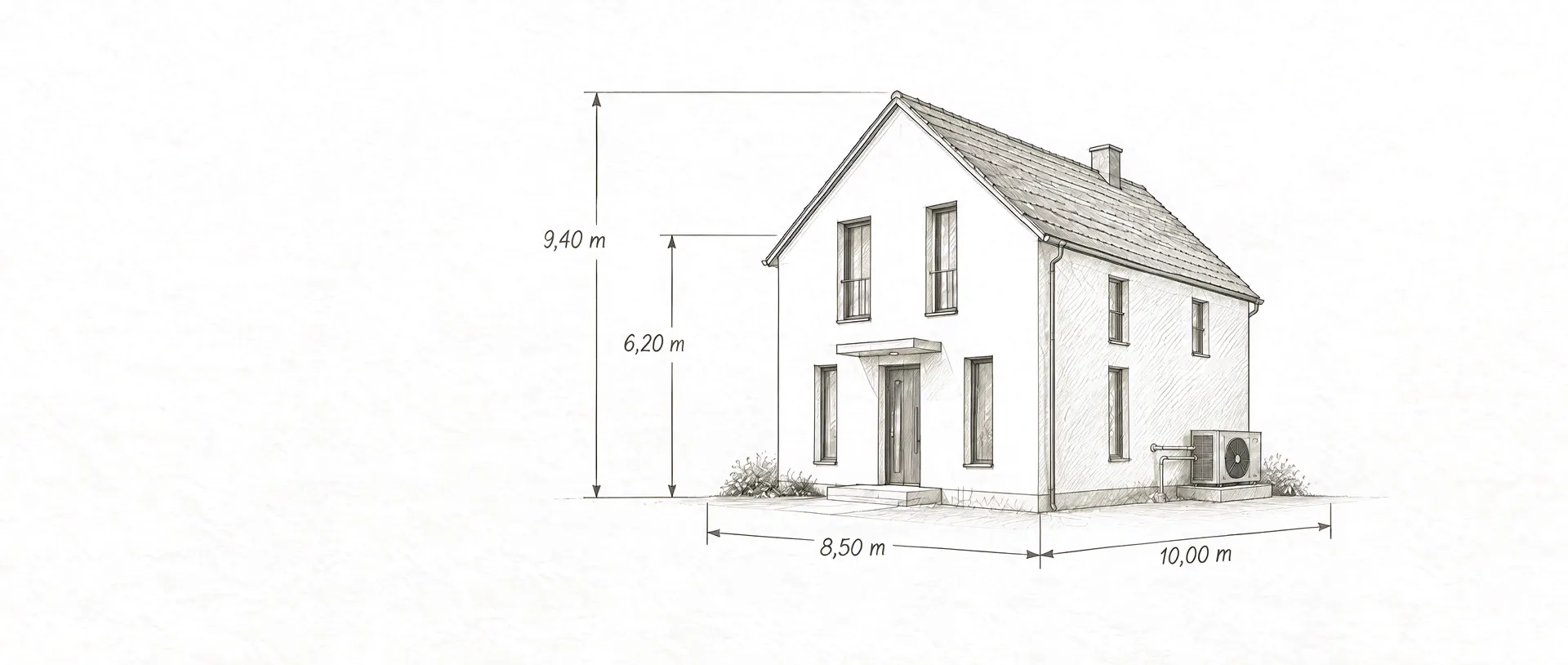 Illustration: Skizze eines Einfamilienhauses, die beim Scrollen zum fertigen Haus mit Wärmepumpe wird
