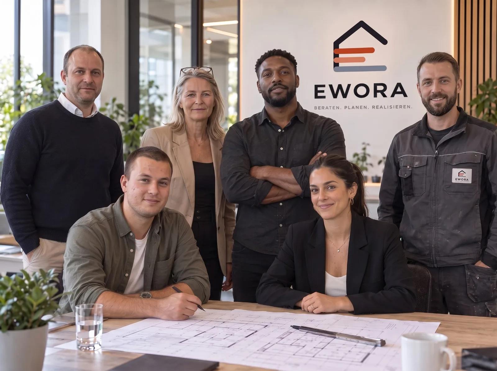 Illustration: Das EWORA-Team im Büro am Besprechungstisch mit Grundrissen, dahinter das EWORA-Logo an der Wand.